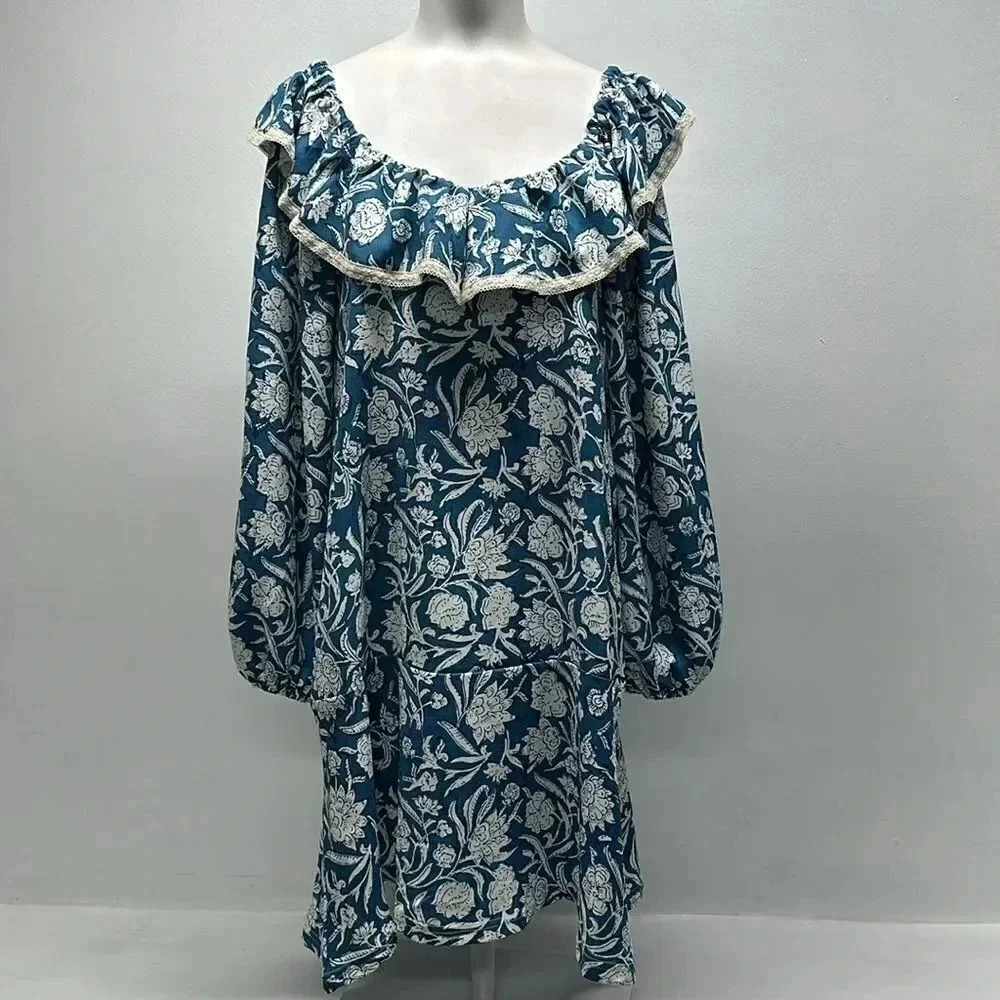 Smith And Quinn Dawn Dress Midi Long Sleeve Ruffle Floral Blue White Size Small